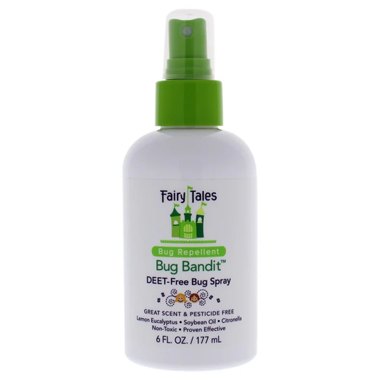 Bug spray bottle labeled 'Fairy Tales Bug Bandit' on a white background. Fairy Tales Bug Bandit Deet-Free Bug Repellant 6oz bottle, natural insect repellent spray that protects skin from mosquitoes, ticks, and other bugs safely