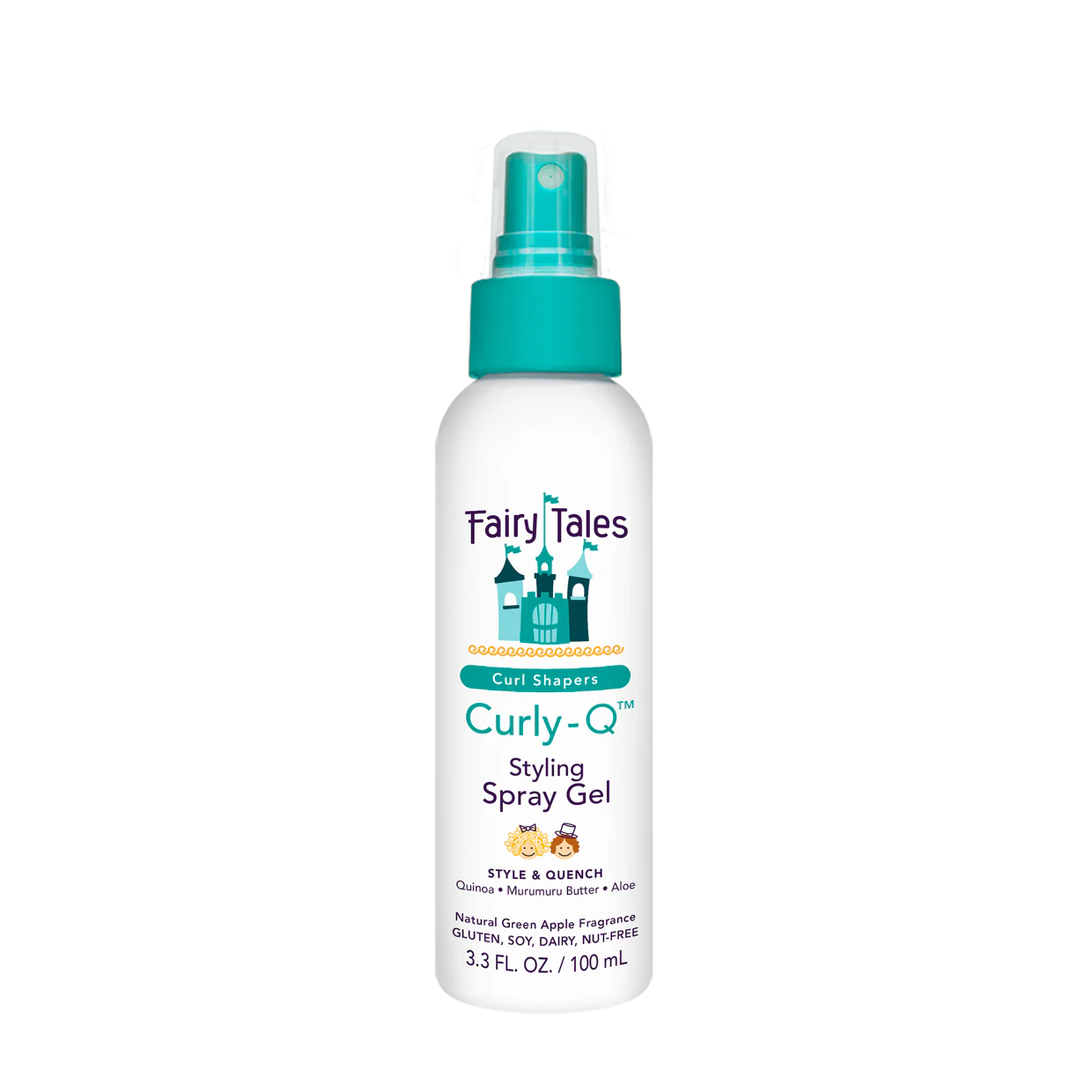 Fairy Tales Curly+Q Styling Spray Gel bottle on a white background. Fairy Tales Curly-Q Spray Hair Gel 8oz bottle, lightweight gel spray that defines curls, reduces frizz, and enhances shine while keeping hair soft and manageable.