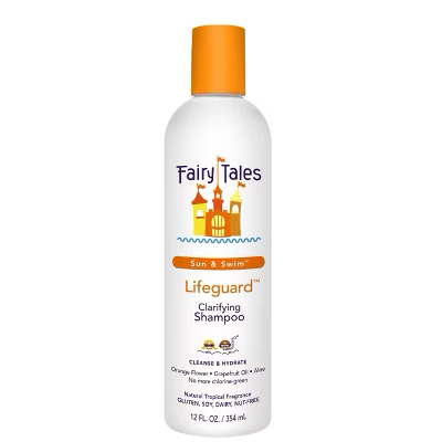 Fairy Tales Sun & Swim Lifeguard Clarifying Shampoo bottle on a white background. Fairy Tales Lifeguard Sun & Swim Clarifying Shampoo 12oz bottle, clarifying shampoo that removes chlorine, salt, and buildup while protecting and hydrating hair.