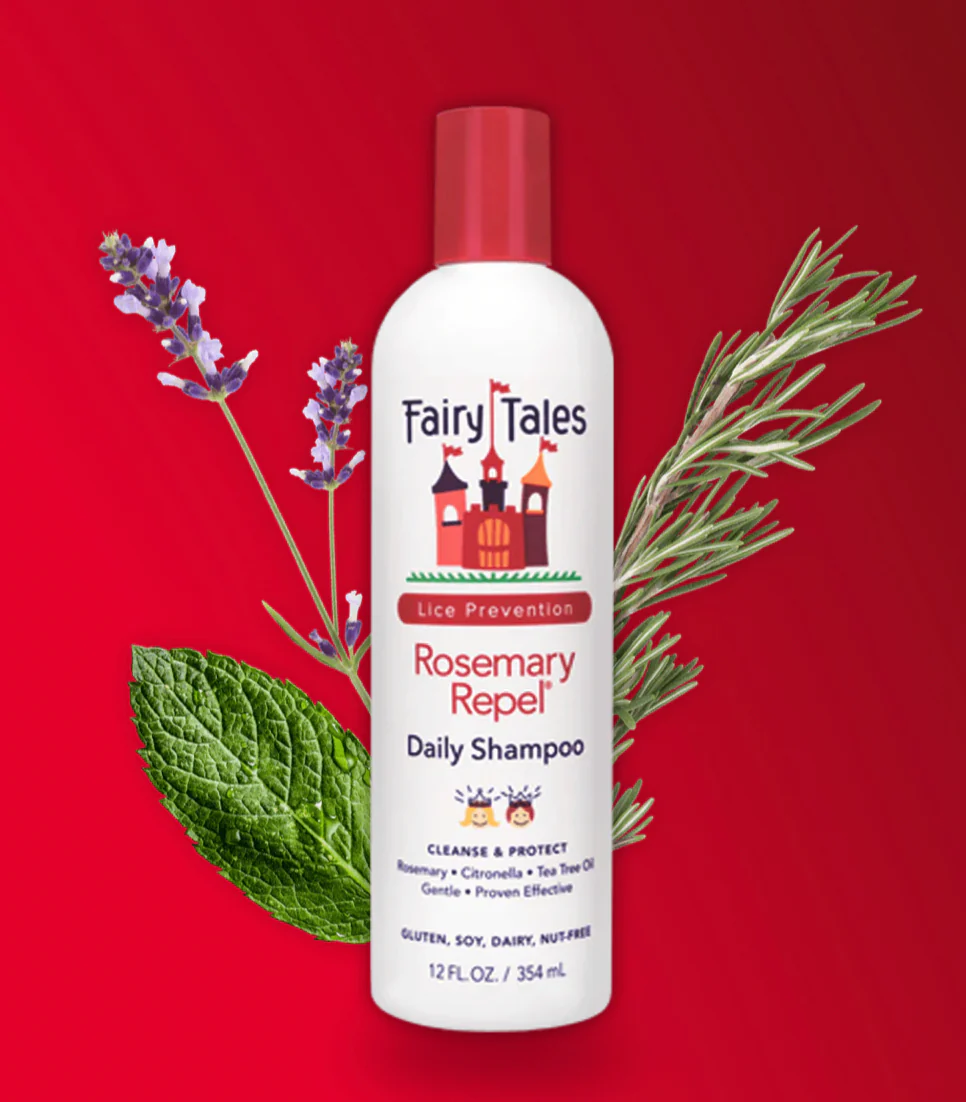 Fairy Tales Rosemary Repel cosmetic conditioning spray bottle on a white background. Fairy Tales Rosemary Repel Daily Kids Shampoo 12oz bottle, gentle shampoo that cleanses, hydrates, strengthens hair, and naturally helps repel lice for healthy, manageable hair.