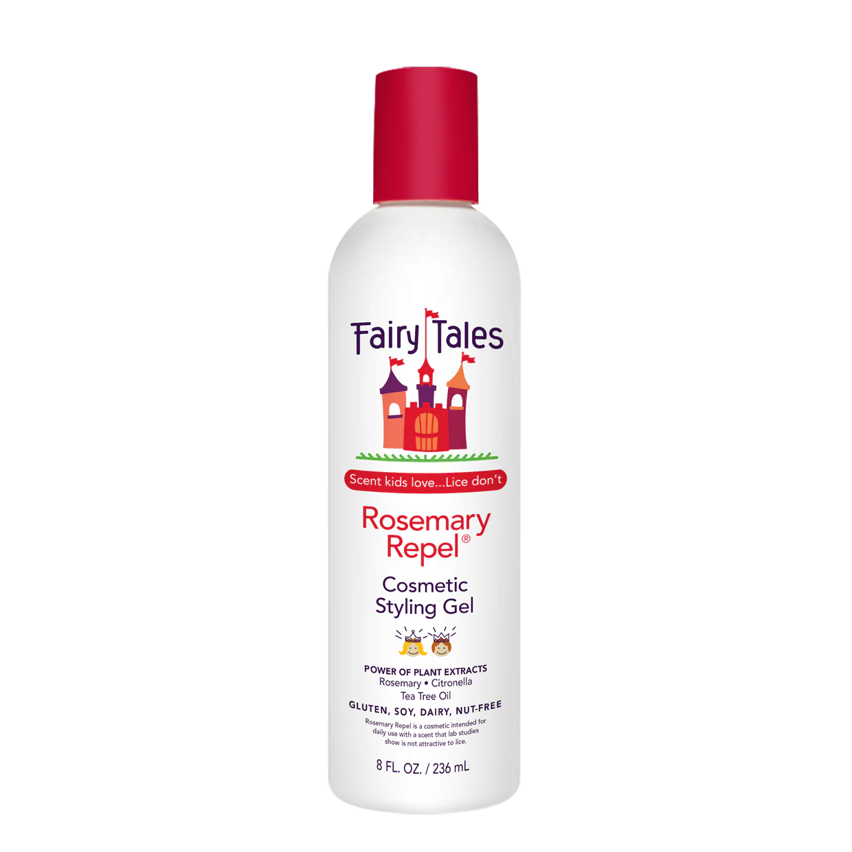 Fairy Tales Rosemary Repel Cosmetic Styling Gel bottle on a white background. Fairy Tales Rosemary Repel Styling Gel 8oz tube, styling gel that provides hold, defines hair, and naturally helps repel lice while keeping hair shiny and manageable.