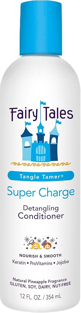 Fairy Tales Tangle Tamer Super Charge Detangling Conditioner bottle on a white background. Fairy Tales Tangle Tamer Super Charge Detangling Conditioner 12oz bottle, conditioner that hydrates, detangles, and softens hair while reducing breakage and improving manageability.