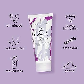 Bumble and bumble Bb. Curl 3-in-1 Conditioner tube on a purple background with icons and text describing product features. Bumble and Bumble Curl 3-in-1 Conditioner 6.7oz bottle, versatile conditioner that hydrates, defines, and detangles curls while reducing frizz and enhancing shine