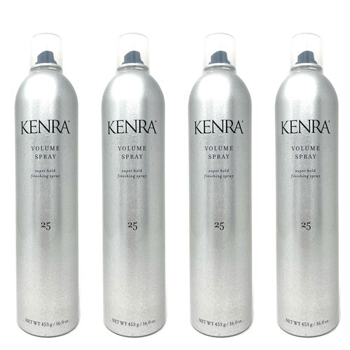 Four bottles of Kenra Volume Spray on a white background. Kenra Volume Spray #25 16oz can, extra hold hairspray that delivers long-lasting volume, strong hold, and flexible control without stickiness or flaking.