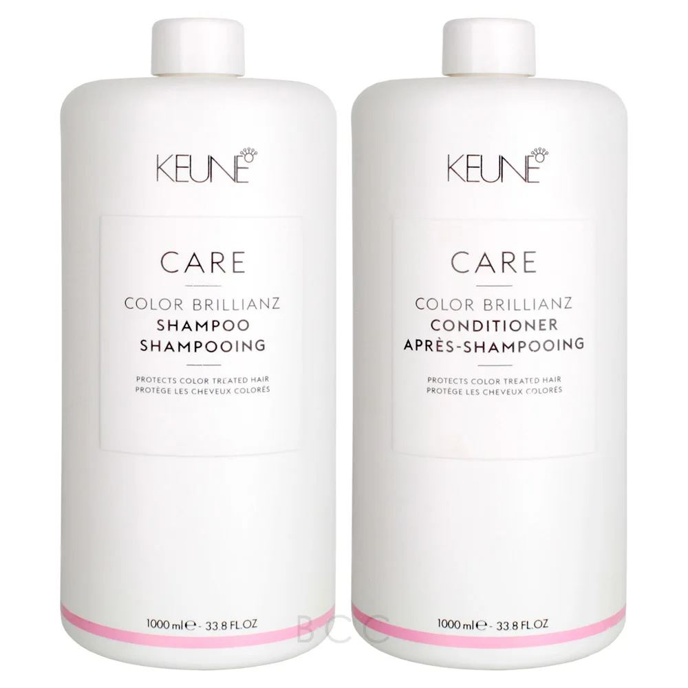 Two bottles of Keune Care Color Brillianz Shampoo and Conditioner on a white background