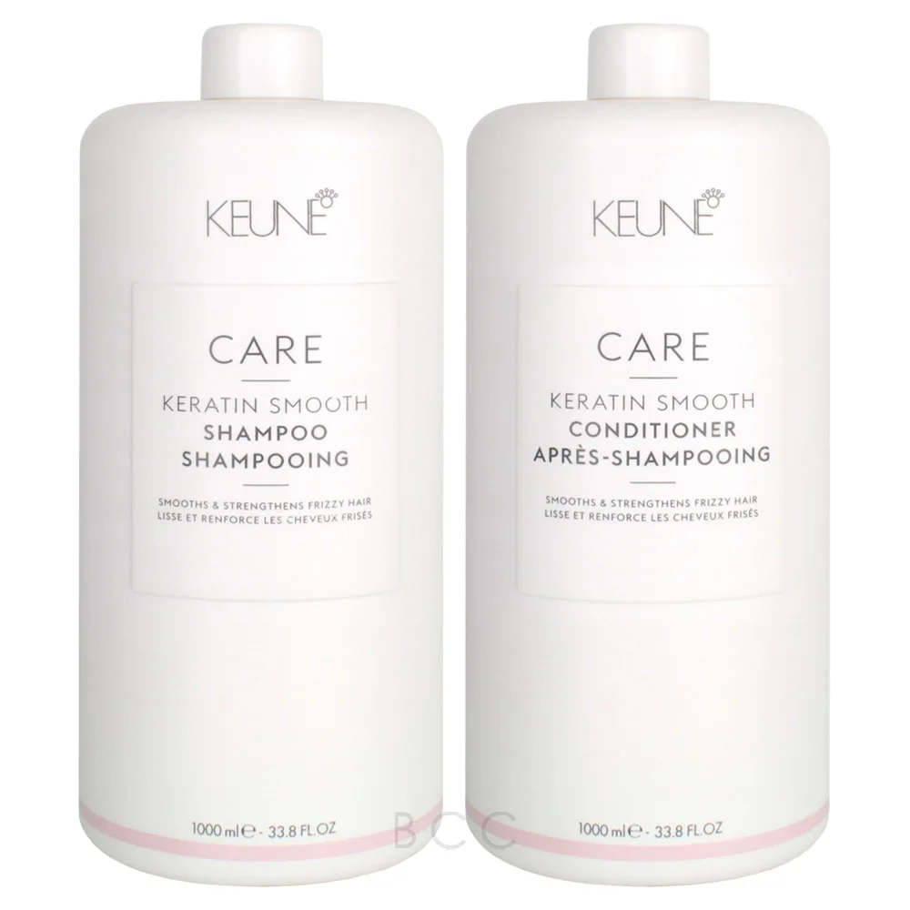 Two bottles of Keune Care Keratin Smooth Shampoo and Conditioner on a white background. Keune Care Keratin Smooth Shampoo & Conditioner Liter Set, professional duo that smooths hair, reduces frizz, strengthens strands, and leaves hair soft, shiny, and manageable.