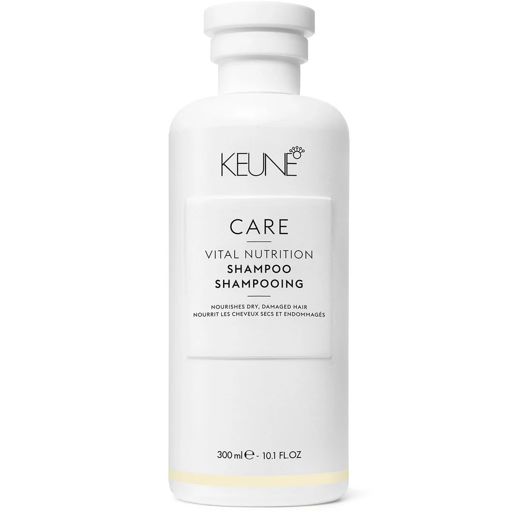 Keune Care Vital Nutrition Shampoo bottle on a white background. Keune Care Vital Nutrition Shampoo 10.1oz bottle, nourishing shampoo that strengthens hair, adds moisture, and leaves strands soft, healthy, and manageable.
