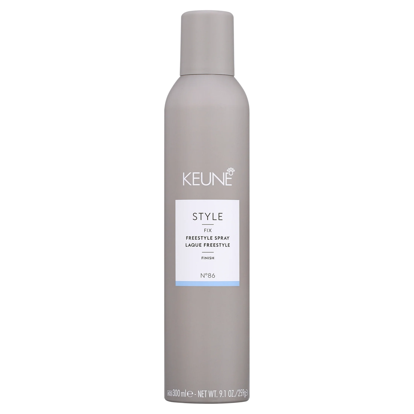 Keune hair spray bottle on a white background. Keune Style Fix Freestyle Spray 9.1oz can, versatile hairspray that provides flexible hold, long-lasting style, and natural movement without stiffness.