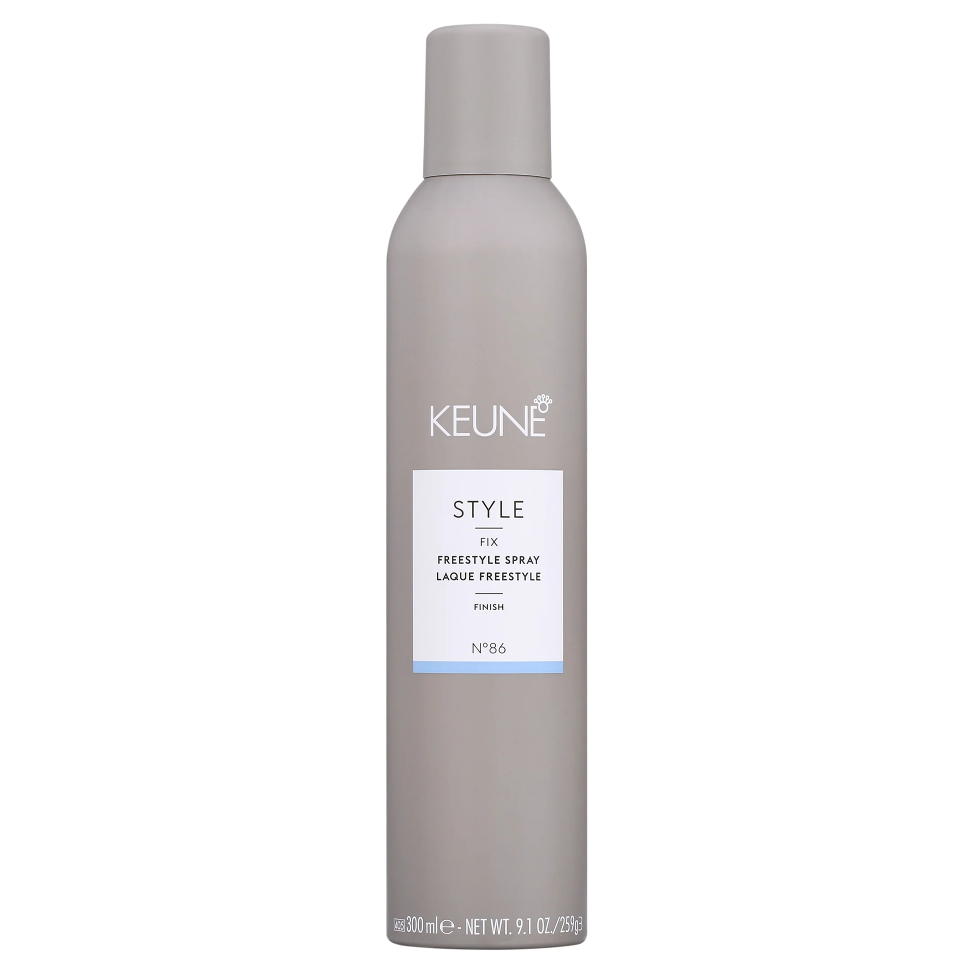 Keune hair spray bottle on a white background. Keune Style Fix Freestyle Spray 9.1oz can, versatile hairspray that provides flexible hold, long-lasting style, and natural movement without stiffness.