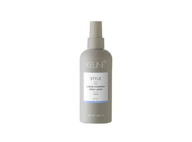 Keune hair spray bottle on a white background. Keune Style Liquid Hairspray 6.8oz can, flexible styling spray that provides long-lasting hold, natural movement, and a smooth, polished finish.