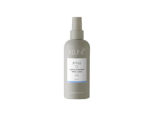 Keune hair spray bottle on a white background. Keune Style Liquid Hairspray 6.8oz can, flexible styling spray that provides long-lasting hold, natural movement, and a smooth, polished finish.