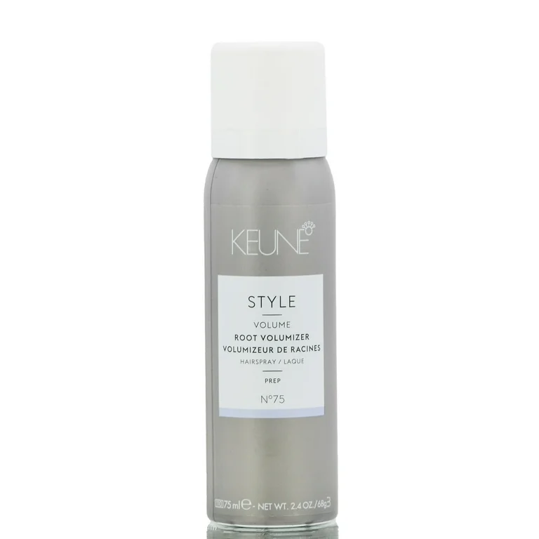 Keune Style Volume Root Volumizer spray bottle on a white background. Keune Style Root Volumizer Hairspray Prep 2.4oz bottle, lightweight styling spray that lifts roots, adds volume, and provides flexible hold for all hair types.