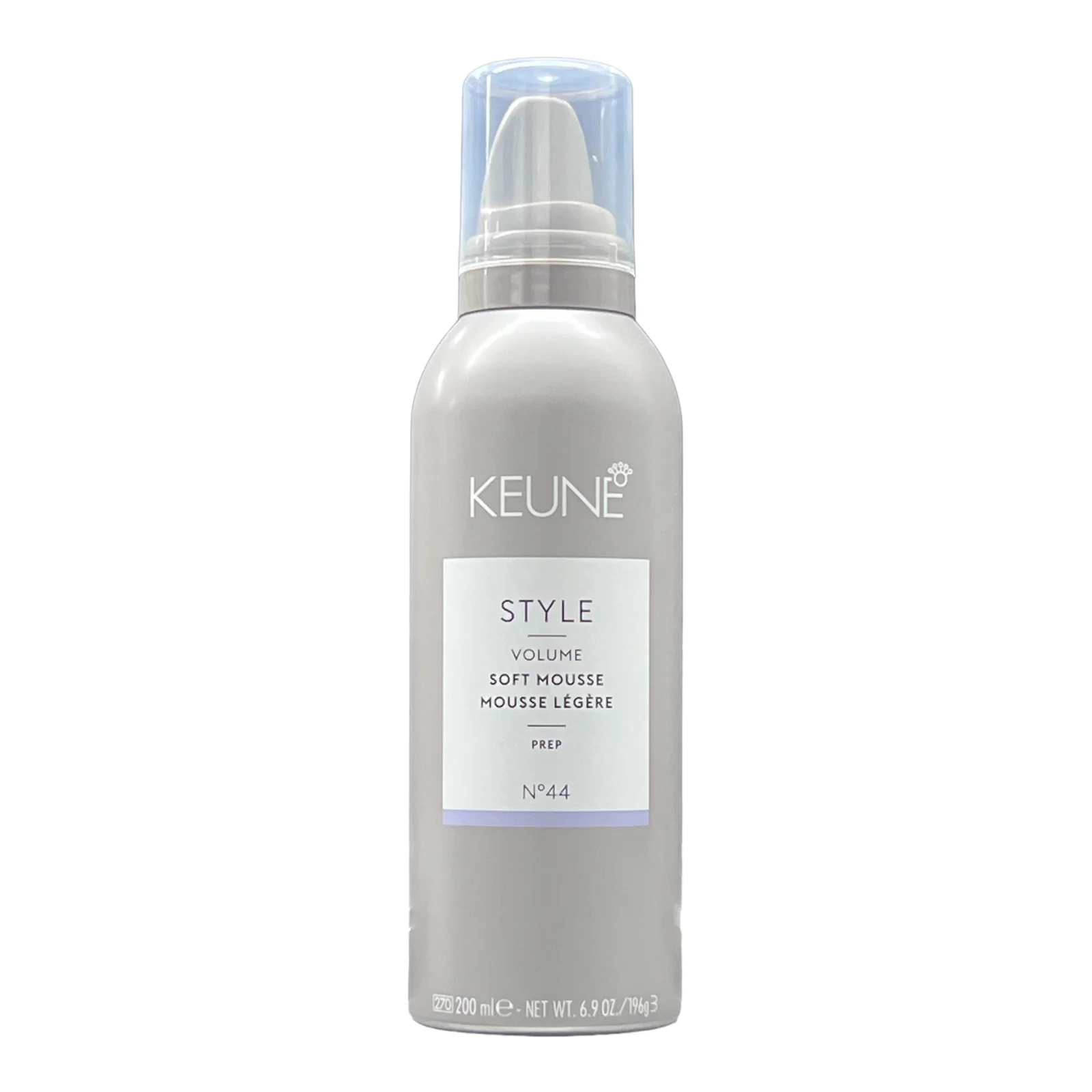 Keune Style Volume Soft Mousse bottle on a white background. Keune Style Volume Soft Mousse 6.9oz can, lightweight styling mousse that adds volume, body, and natural movement to all hair types without stiffness