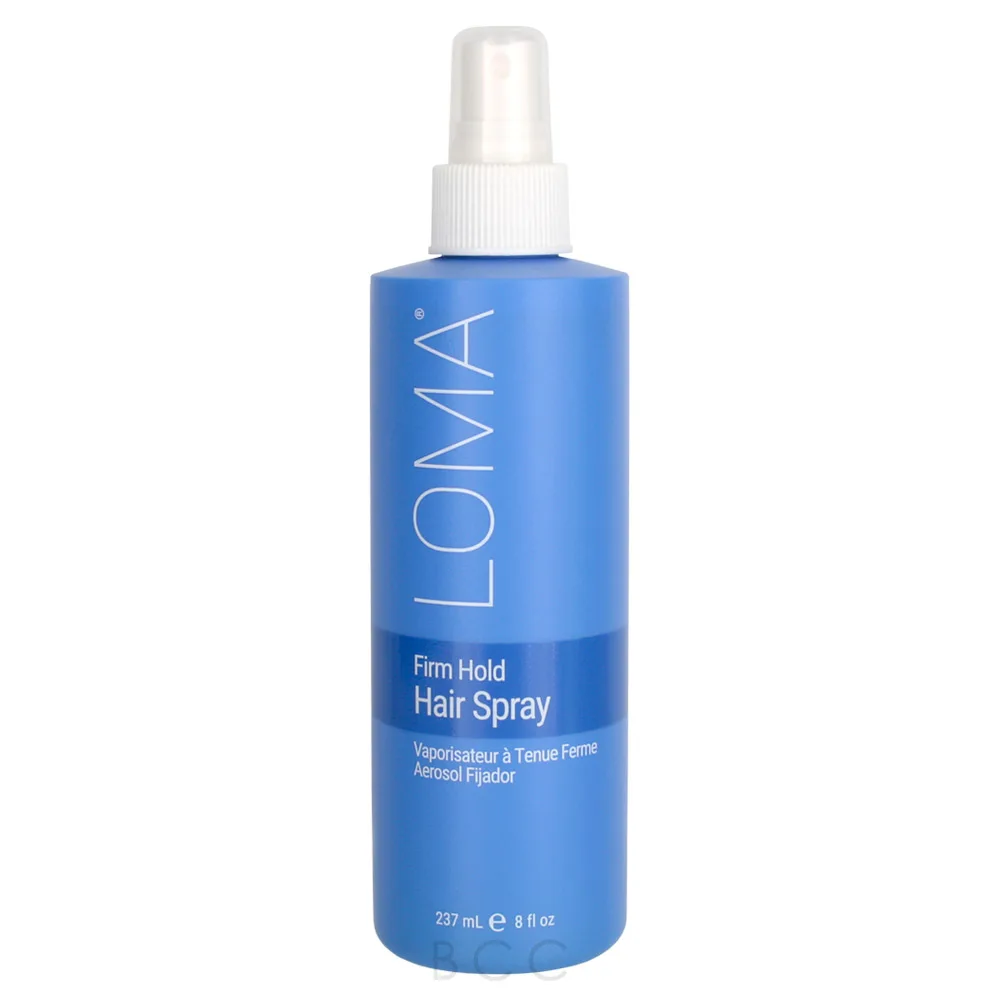 Blue hair spray bottle with white nozzle on a white background. Loma Firm Hold Hair Spray 8oz can, professional hairspray that provides strong, long-lasting hold, controls flyaways, and leaves hair smooth and flexible.