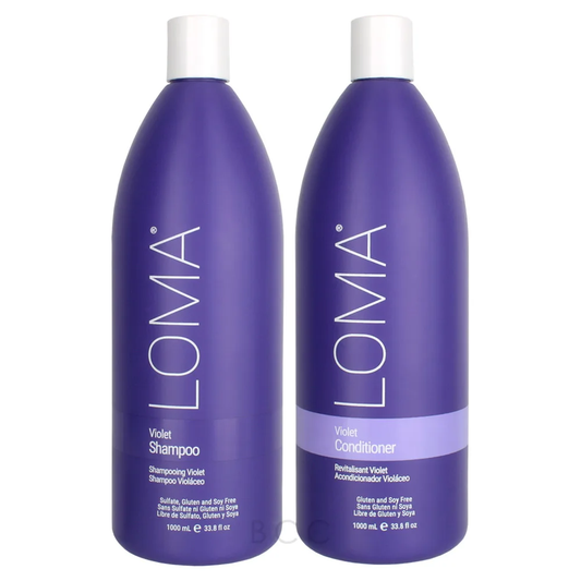 Loma Hair Care Violet Shampoo & Conditioner 33.8oz duo, color-correcting formula that neutralizes brassiness and maintains vibrant, cool-toned hair.