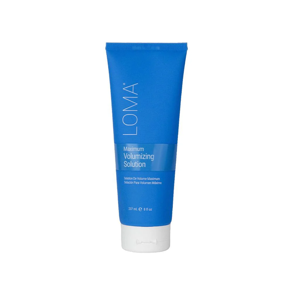Blue tube of LOMA Maximum Volumizing Solution on a white background. Loma Maximum Volumizing Solution 8oz bottle, lightweight styling solution that adds lift, body, and fullness to hair while enhancing texture and manageability.