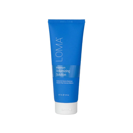 Blue tube of LOMA Maximum Volumizing Solution on a white background. Loma Maximum Volumizing Solution 8oz bottle, lightweight styling solution that adds lift, body, and fullness to hair while enhancing texture and manageability.