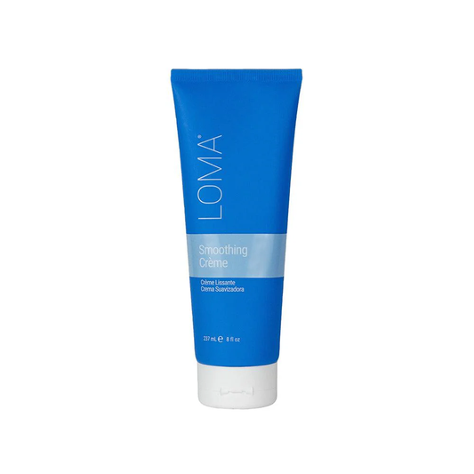 Blue tube of LOMA Smoothing Creme on a white background. Loma Smoothing Créme 8oz jar, hair cream that tames frizz, smooths strands, adds shine, and leaves hair soft, sleek, and manageable.