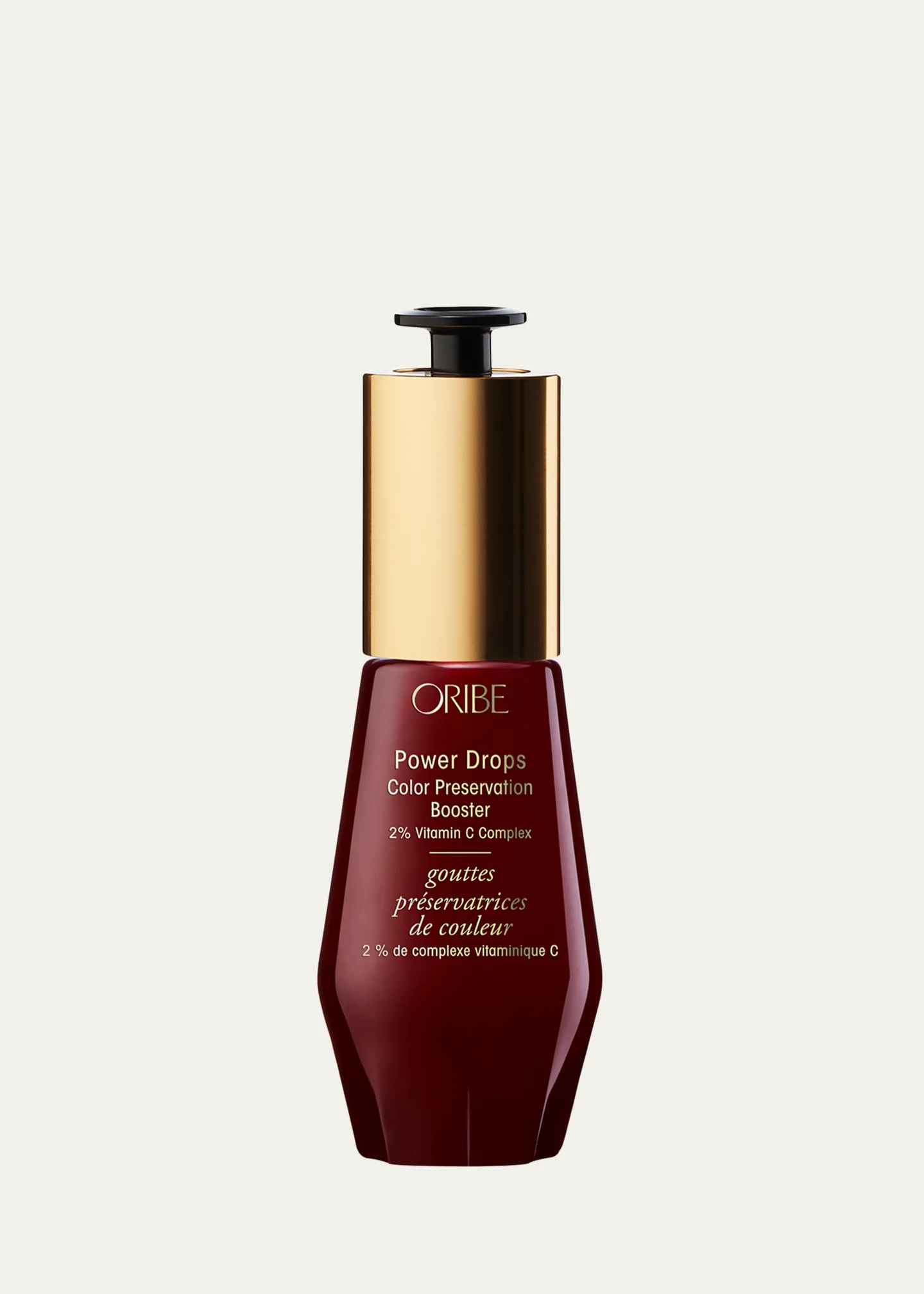 Oribe hair product bottle on a white background.Oribe Color Power Drops Color Preservation Booster 1oz, 2% Vitamin C Complex that protects hair color, boosts vibrancy, and prolongs color-treated hair’s lifespan.