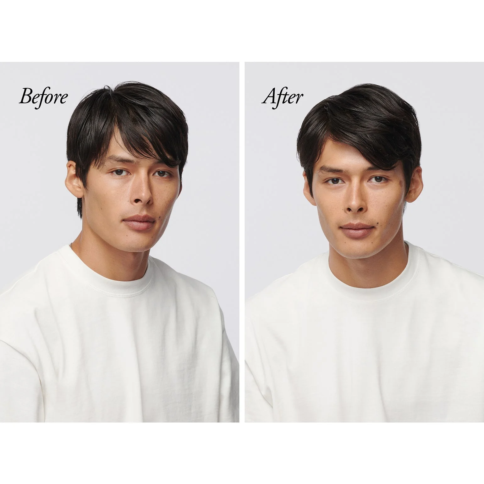 Before and after comparison of a person with a white background. Oribe Serene Scalp Oil Control Shampoo, gentle cleansing shampoo that removes excess oil, soothes the scalp, and leaves hair refreshed, clean, and healthy.