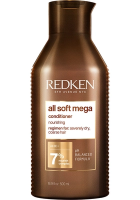 Redken All Soft Mega conditioner bottle on a white background. A 16.9 oz bottle of Redken All Soft Mega Conditioner featuring its signature metallic gold packaging with a flip-top cap and bold black labeling
