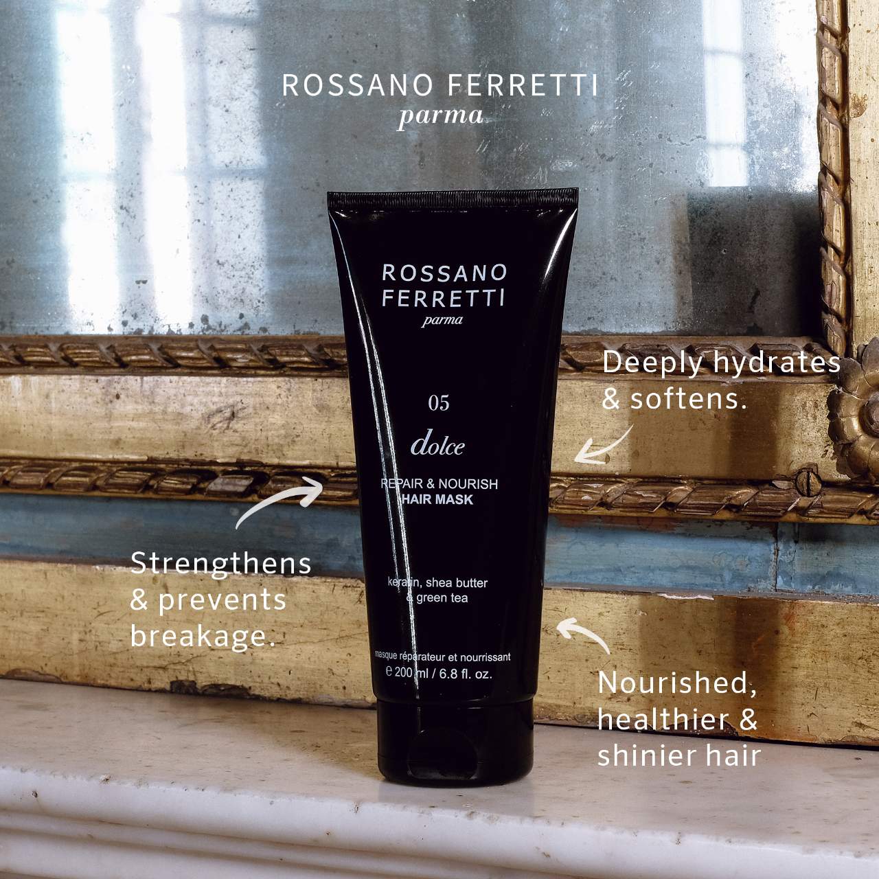Rossano Ferretti hair mask tube with text highlighting benefits on a decorative background
