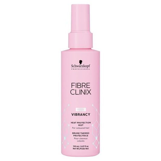 Schwarzkopf Fibre Clinix AHA Vibrancy Heat Protection Mist 5.07oz bottle with vibrant pink and silver design, ideal for protecting colored hair from heat styling.