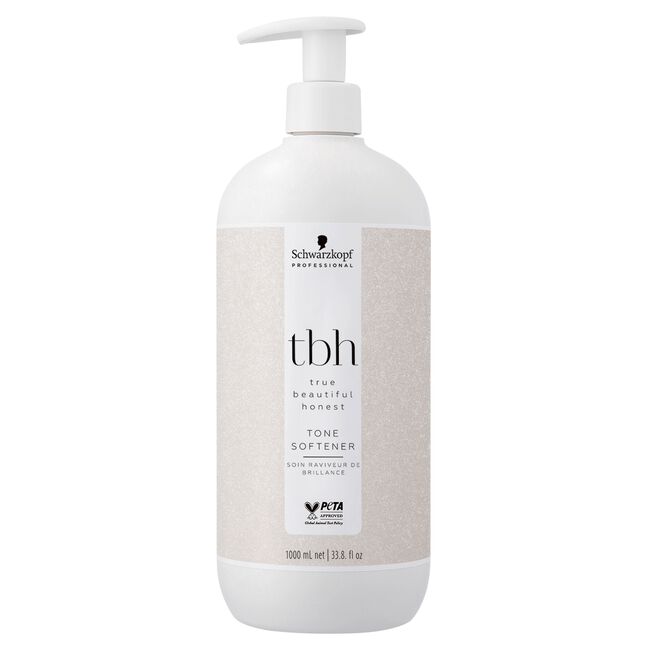 Schwarzkopf tbh Tone Softener bottle on a white background. Schwarzkopf Professional TBH Tone Softener 33.8oz bottle, hair treatment that softens tones, neutralizes brassiness, and enhances color vibrancy while keeping hair healthy and shiny.