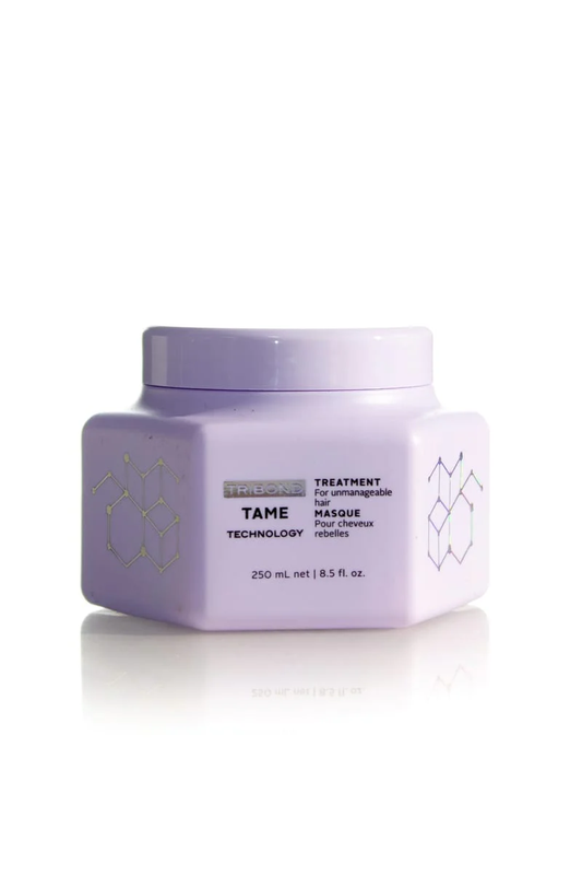 Schwarzkopf tame tribond treatment masque. 8.5oz Purple jar of hair treatment product on a white background
